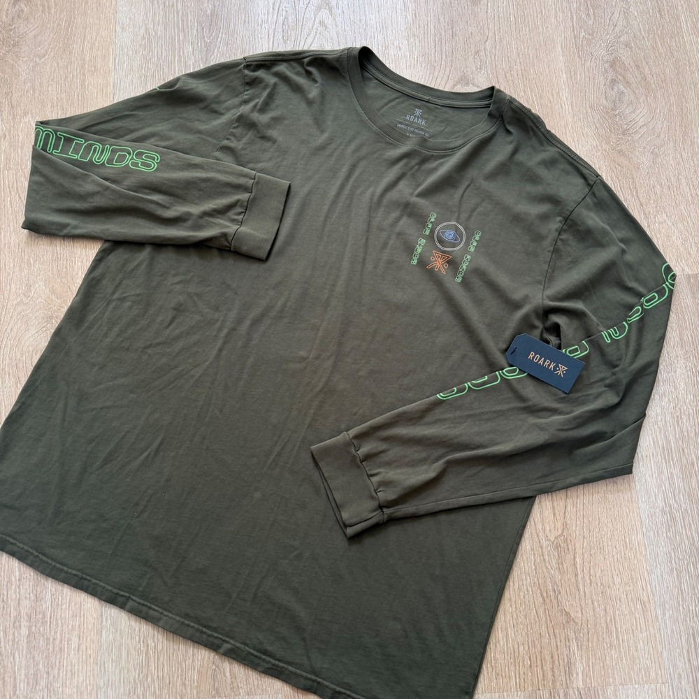 Roark Open Roads‎ LS T-Shirt Mens XXL Military Green Graphic Long Sleeve Cotton